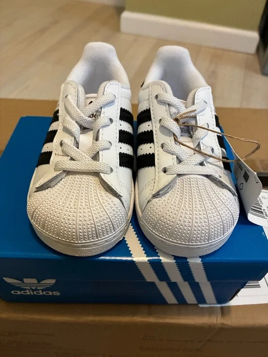 Adidas Kids' White & Black Superstar Sneakers with Side Strap - Picture 1 of 8